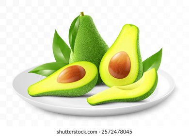 Ripe tasty avocado on a white plate isolated on a transparent background. Whole, slices and half an avocado with a pit. Healthy vitamin food. Realistic 3d vector illustration