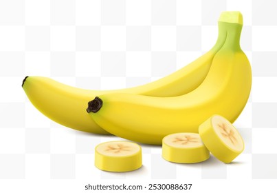 Reife leckere Banane einzeln auf transparentem Hintergrund. Ganze Banane und gelbe süße Bananenstücke für Bio-Saft oder Dessertverpackung. Realistische 3D-Vektorgrafik