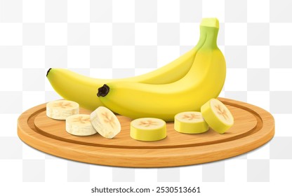 Banana saborosa madura em uma bandeja de madeira. Banana inteira e pedaços de banana doce amarela na tábua de corte isolados sobre fundo transparente. Ilustração realista do vetor 3d