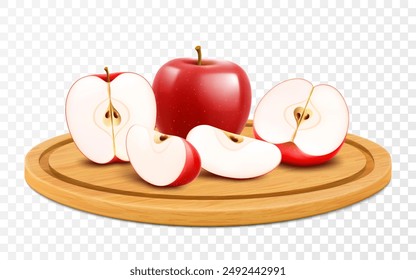 Ripe tasty juicy apples on a wooden tray. Whole apple and pieces of red apple on cutting board. Isolated 3d vector, realistic illustration