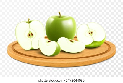 Manzanas jugosas y maduras en una bandeja de madera. Manzana entera y trozos de manzana verde en tabla de cortar. Vector 3d aislado, ilustración realista