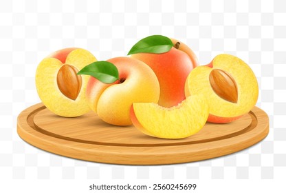 Ripe tasty juicy apricot on a wooden tray. Whole apricot and pieces of tasty apricot on cutting board isolated on transparent background. Realistic 3d vector illustration