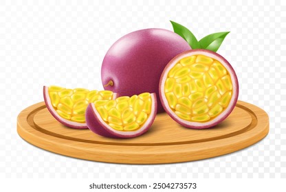 Ripe tasty passion fruit on a wooden tray isolated on transparent background. Whole ripe passion fruit and pieces of fresh passiflora edulis on cutting board. Realistic 3d vector illustration