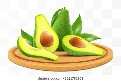 Ripe tasty raw avocado on a wooden tray. Whole avocado and pieces of green avocado on cutting board isolated on transparent background. Realistic 3d vector illustration