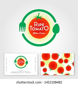 Ripe Tomato Cafe logo. Ripe red tomato, fork and spoon in the circle.  Italian traditional food cuisine.