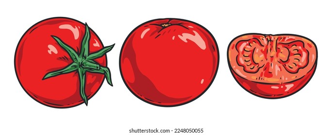 Reif-Tomaten-Embleme bunte Set ganze Früchte und die Hälfte gesunder Tomate für die Dekoration der Farm, Vektorgrafik