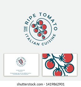 Ripe Tomato Logo. Italian cusine emblem. Bunch of cherry tomatoes on a circle.