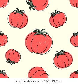 Ripe tomato on beige background with aged effect seamless pattern. Hand drawn style. Healthy food. Italian cuisine. Minimalist and simple. Pastel colors. Vector illustration