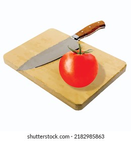 Ripe Tomato On The On The Cutting Board. Italian Food Vector Illustration. Preparing Salad. Vegan Food Clipart. Watercolor Style. Picture For Menu Cafe And Restaurant.