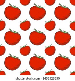 Ripe tomato. Vector concept in doodle and sketch style. Hand drawn illustration for printing on T-shirts, postcards. Seamless pattern for textile, paper wrap.
