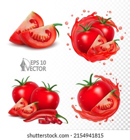 Tomates maduros y pimientos, jugo de tomate realista, embutido de tomate natural aislado en fondo blanco, ilustración 3d de los alimentos y bebidas