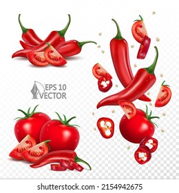 Ripe tomatoes and chili peppers set, natural fresh vegetables, falling pieces and slices, 3d realistic vector illustration