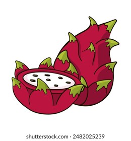 Ripe tropical dragon fruit with sliice in cartoon style, summer fruit for design or print