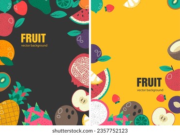 Ripe tropical and exotic fruits, apples and watermelon. Pear and plum, peach and coconut, pitaya and lemon, strawberry and kiwi slice. Banner with copy space. Vector in flat style illustration
