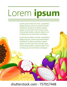 Ripe tropical fruits and slices set with isolated images of mango pitaya papaya banana passionfruit vector illustration. Design template with place for your text. Web site and mobile app