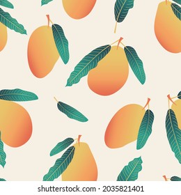 Ripe tropical mango with leaves on a light background. Seamless patterns with exotic fruits. A beautiful print for modern fabrics, trendy textiles, throw pillows, bed linen. Vector.