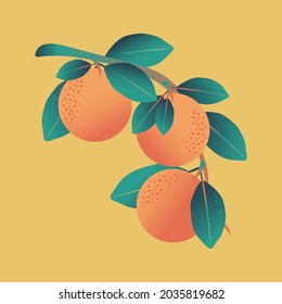 Ripe tropical oranges hang on a branch with leaves on a yellow background. Cute print for decorative pillows, interior design. Vector.