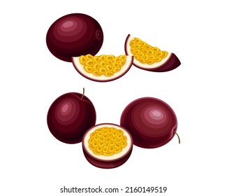 Conjunto de fruta madura de la pasión tropical. Dibujo de vectores de frutos de maracuya exótica dulce