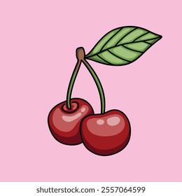 Ripe two cherries with leaves