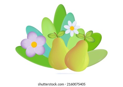 Ripe two pears vector banner 3d. Autumn fruits on the ground, in bushes with leaves and flowers. Template for the design of the site, notebook or poster of a healthy diet. Food design label with ripe 