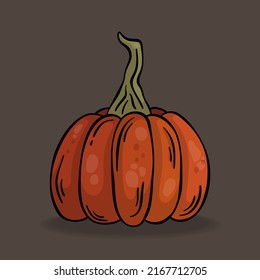 Ripe vector pumpkin in doodle style. Colorful autumn design element for Thanksgiving and Halloween. Cartoon vegetable isolated on dark background