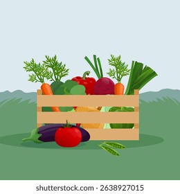 Ripe vegetables in a box. Carrots, beets, cabbage, onions and peas on a bright green background.