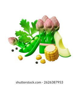 Vegetais maduros com vegetação e especiarias. Composição vetorial de estilo plástico 3D. Ervilhas, abacate, espargos, milho e salsa. Ingrediente de salada brilhante, colheita agrícola. Alimentos orgânicos saudáveis naturais