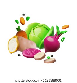 Ripe vegetables with greenery and spices. 3D plastic style vector composition. Volume potatoes, cabbage, carrots, beets, onions. Glossy Borscht soup dish set, farm harvest. Natural healthy food