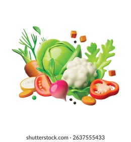 Ripe vegetables with greenery and spices. 3D plastic style vector composition. Volume beets, onions, peppers, cabbage, carrots. Glossy farm harvest. Natural healthy food
