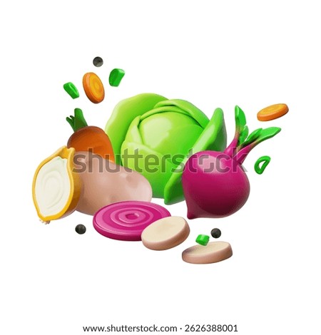Ripe vegetables with greenery and spices. 3D plastic style vector composition. Volume potatoes, cabbage, carrots, beets, onions. Glossy Borscht soup dish set, farm harvest. Natural healthy food