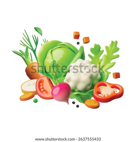 Ripe vegetables with greenery and spices. 3D plastic style vector composition. Volume beets, onions, peppers, cabbage, carrots. Glossy farm harvest. Natural healthy food