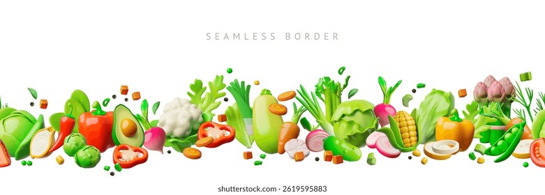 Ripe vegetables with greens 3D plastic style vector seamless border design. Volumetric peppers, zucchini, carrot, cabbage, avocado. Glossy salad ingredient with spices. Natural healthy organic food