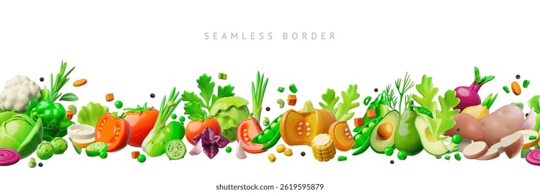 Vegetais maduros com vetor 3D verde design de borda sem emenda. Tomate volumétrico, abóbora, cenoura, repolho, abacate. Ingrediente de salada brilhante com temperos verdes. Alimentos biológicos saudáveis