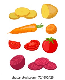 Ripe vegetables - potato, beet, carrot, tomato and slices. Vegetarian food. Made in cartoon flat style. Vector illustration