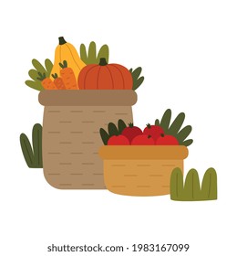 Ripe Vegetables Rested in Basket as Seasonal Harvesting and Yield Vector Illustration