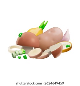 Ripe vegetables with spices. 3D plastic style vector design. Volumetric potatoes, mushrooms, onions and garlic. Glossy salad dish ingredient slice and whole. Natural healthy organic food