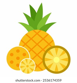 Ripe very sweet pineapple with slices, whole fruit and pineapple circles isolated on white background