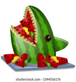 Ripe watermelon cut in the shape of a shark head isolated on white background. Vector cartoon close-up illustration.