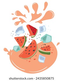 Sandía madura y cubos de hielo con toques de jugo. Ilustración vectorial de jugo de fruta orgánica. Concepto de etiqueta ecológica para el sabor natural de sandía con hielo. Diseño de vape, jugo, batido.