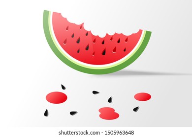 Ripe watermelon light background with fruit slice juice drops and seeds. Vector illustration