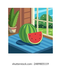 Ripe watermelon on the kitchen table on a white background. A vector image.