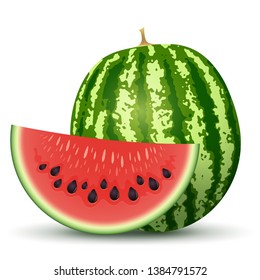 Ripe Watermelon with Red Section Isolated on White Background. Vector Illustration.