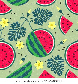 Ripe watermelon seamless pattern. Black currant with leaves and flowers on shabby background. Original simple flat illustration. Shabby style.