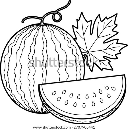 Ripe watermelon and a slice with seeds and a leaf. Outline drawing of summer fruit for children coloring pages. Refreshing food design perfect for coloring book for kids.