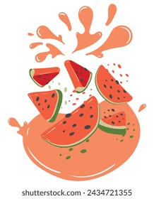 Ripe watermelon with splashes of juice. Vector illustration of organic fruit juice. Eco label concept for natural watermelon flavor. Design of vape, juice, smoothie.