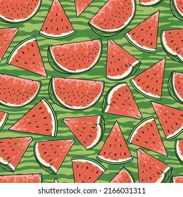 Ripe watermelon vintage colorful seamless pattern summer natural dessert sweet appetizer to quench your thirst large berry slices vector illustration
