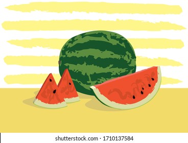 Ripe watermelon. Whole and next to sliced juicy red pieces and slices with bones. It lies on a light surface. Background of yellow stripes. Vector illustration.