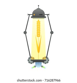 Ripe wheat. Creative inspiration concept with futuristic technology mechanical device and natural organic products. Vector illustration.