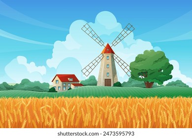 Reife Weizenlandschaft mit alter Mühle und Hütte oder Haus der Bauern. Vektorgrafik und Landwirtschaft, dörfliche Landschaft mit Landschaft und Bulle bereit für die Ernte. Ökologischer Landbau der Gerste