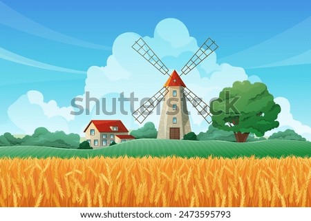 Ripe wheat landscape with old mill and hut or house of farmers. Vector farming and agriculture, village rustic scene with countryside and cop ready for harvesting. Organic production of barley